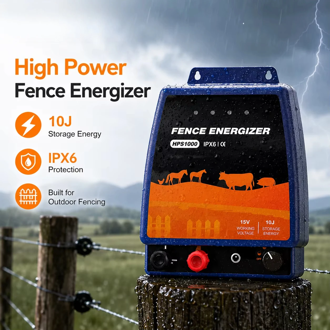 ODM OEM HPS1000 15V Working Voltage IPX6 Electric Fence Energizer 10J Storage Energy for Sheep Goat Farm Use Systems