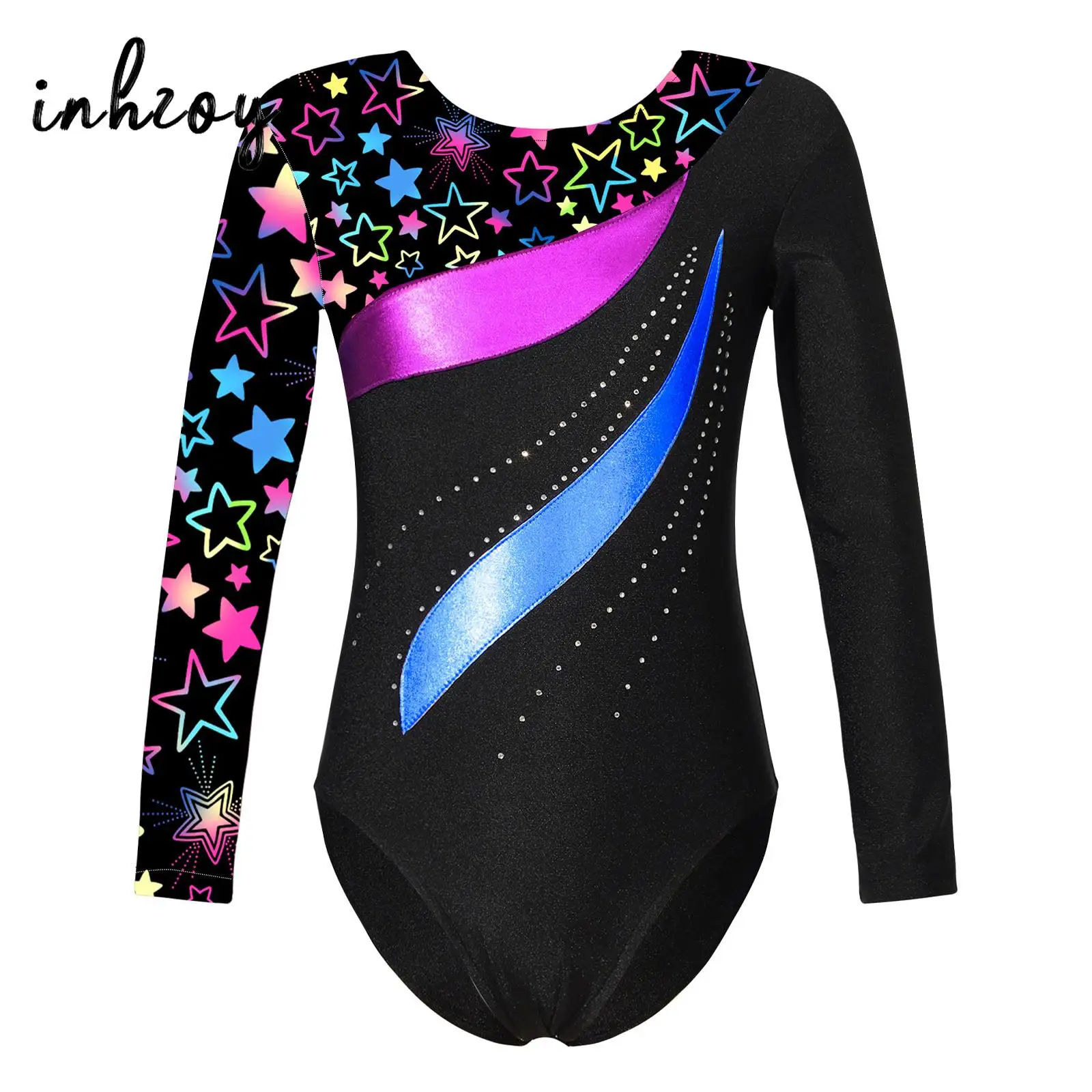 Girls Ballet Gymnastics Leotards Dance Bodysuit Long Sleeve Print Skating Jumpsuit Kids Teamwear Training Competition Costume