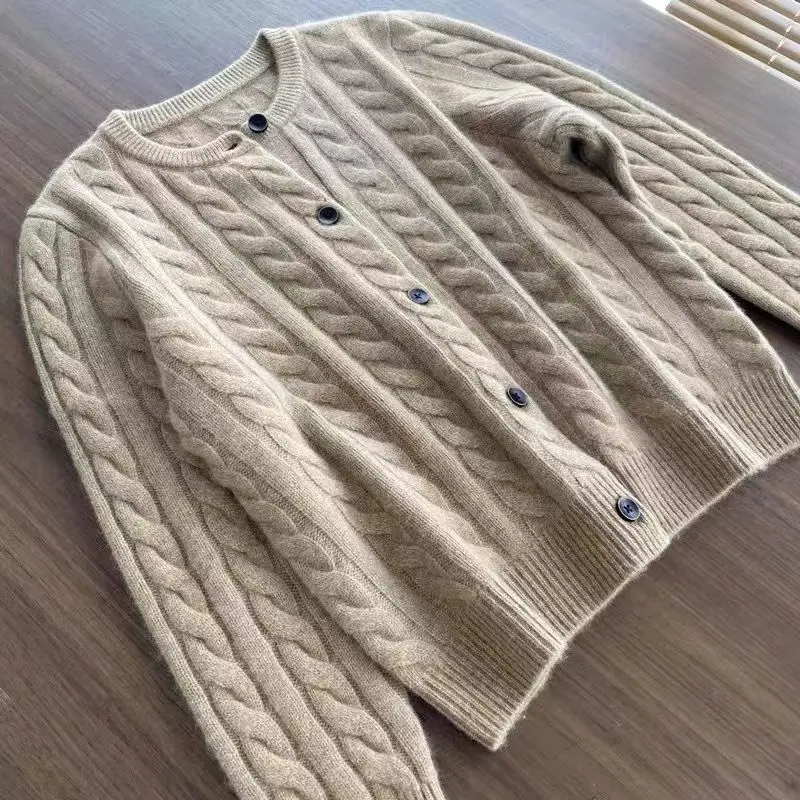 Spring Autumn Solid Color Women\'s 100% Wool Knitted Cardigan Long Sleeve Korean Loose O-Neck Button Sweater Coat Female Clothing