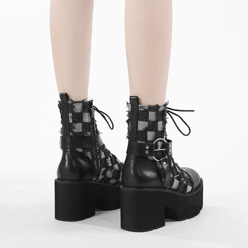 Gothic Gesp Riem Enkellaarzen Dames Faux Lederen Platform Blok Dikke Hakken Ketting Ultra Hoge Hakken Motorlaarzen