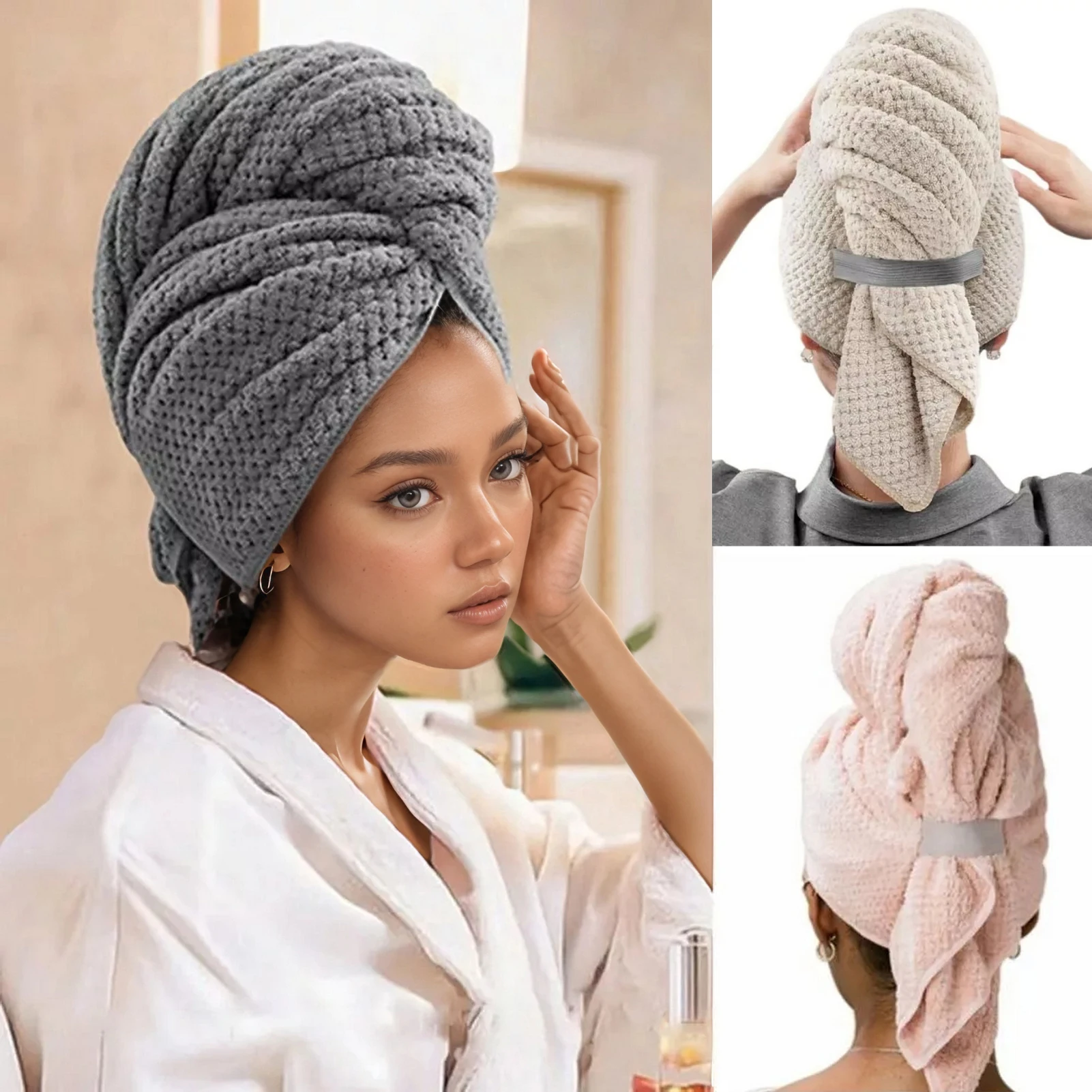 Solid color hair towel Textured dry hair cap bsorbent hair towel wrap for button-down women