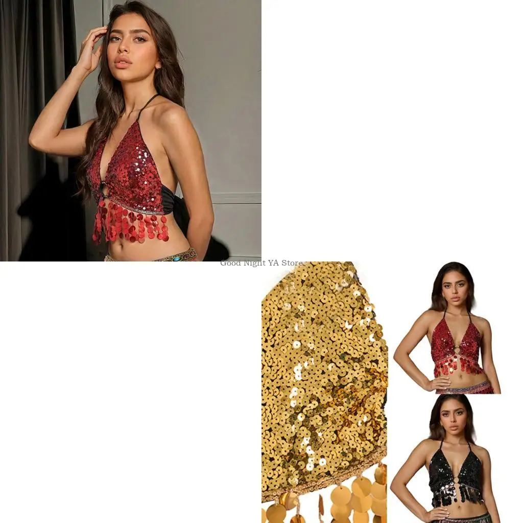 Glittering Sequins Fringe Belly Dance Bra Top Stretchy Adjustable Bralette For Stage Cabaret Performances
