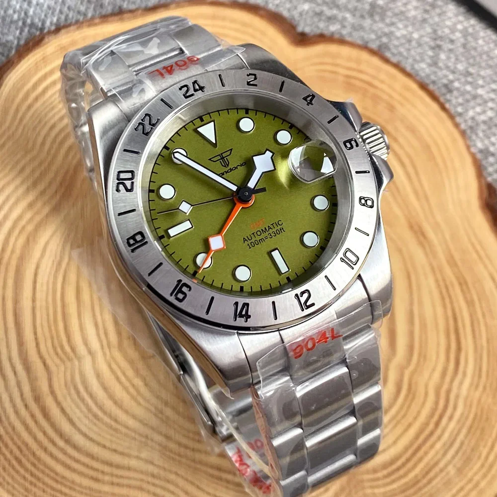 Tandorio NH34 Movt Diver Watch Men Orange hand Olive Green Dial Master 24 hours Fixed Bezel Steel Mechanical Wristwatch 10bar