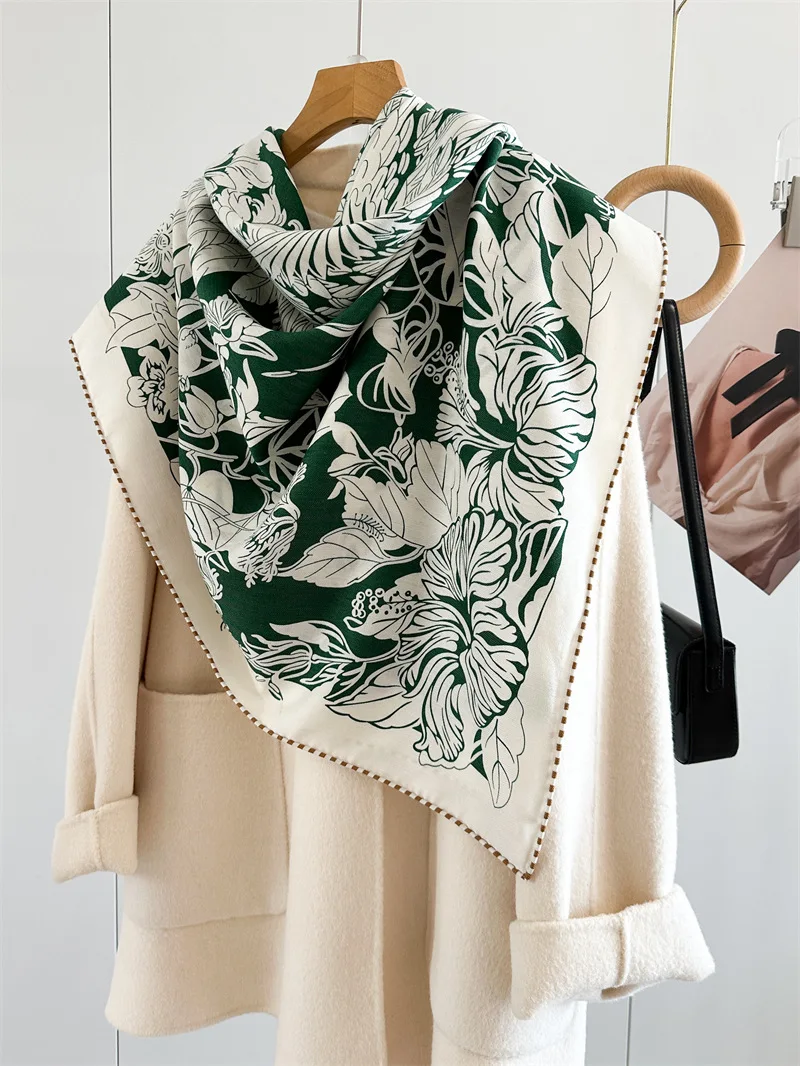 Bufanda de lana de seda de lujo con estampado de lado ab, chales con bordes enrollados, pañuelos, Hijab, accesorios de invierno, bufandas, chales de Navidad