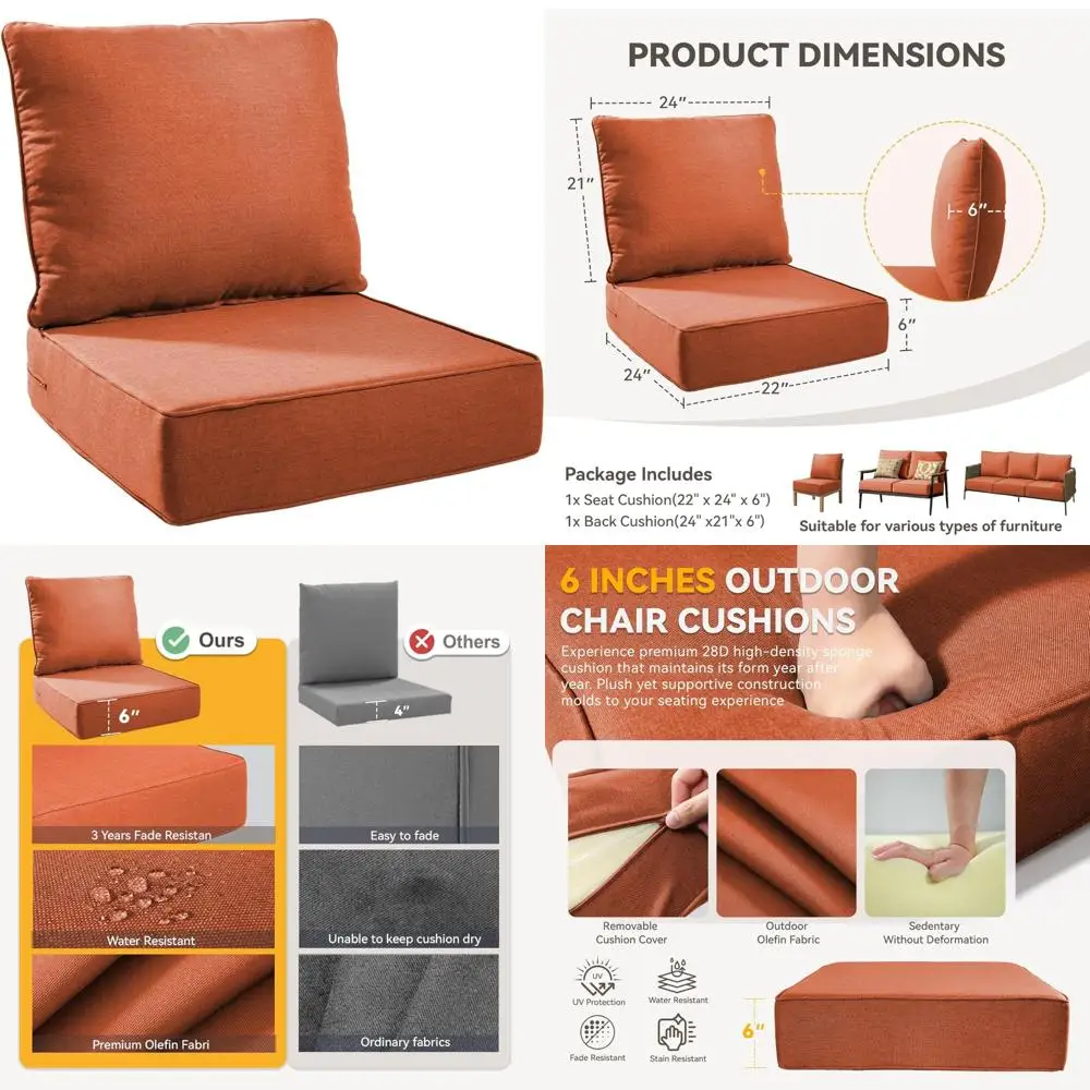 

High-Density Outdoor Chair Cushions, 6-Pack, 22x24 Patio Furniture Covers, Water-Resistant and Removable, 28D Sponge, Durable Co