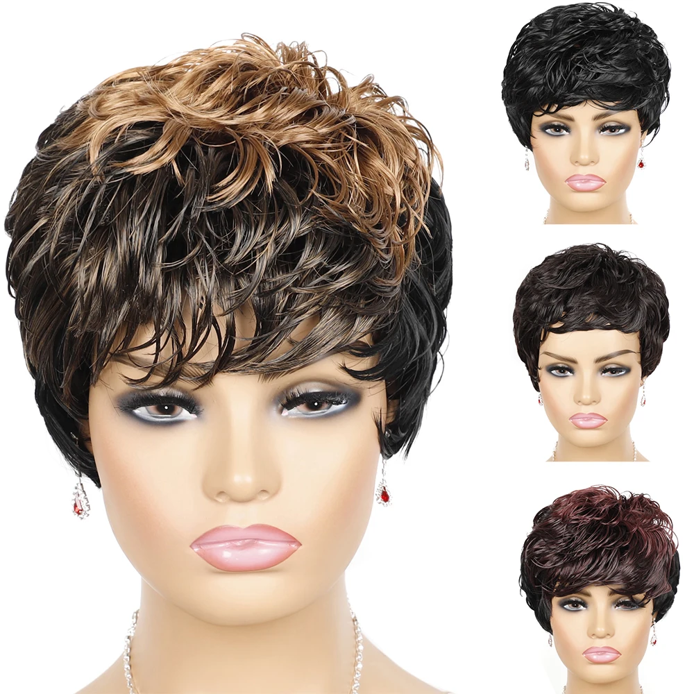 

Synthetic Hair Wigs For Women Short Wigs Women Natural Wavy Black Brown Wig Female Pixie Cut Curly Wigs With Bangs