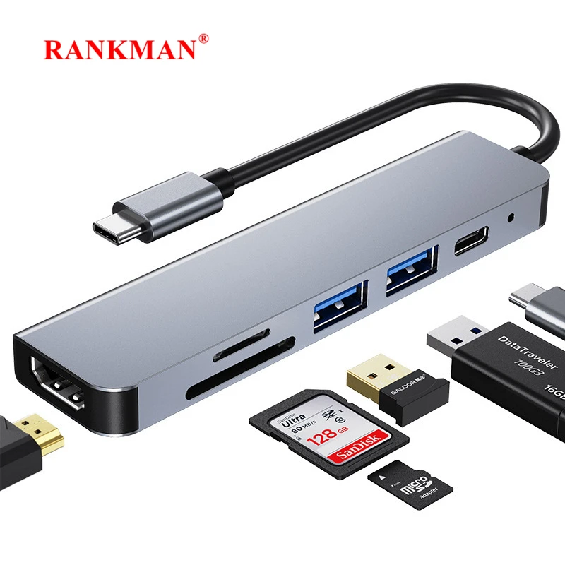 Rankman USB C Hub to 4K HDMI-Compatible SD TF Card Reader USB 3.0 Type C Docking for MacBook iPad Samsung S21 Dex TV Laptop