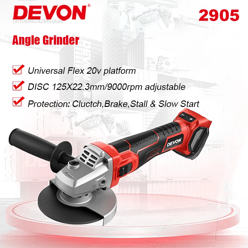

Devon Rechargeable Cordless Angle Grinder 20v 2905 Brushless Cut Disc 125x22.3mm 9000rpm 4 Speed Adjustable Share Flex Battery