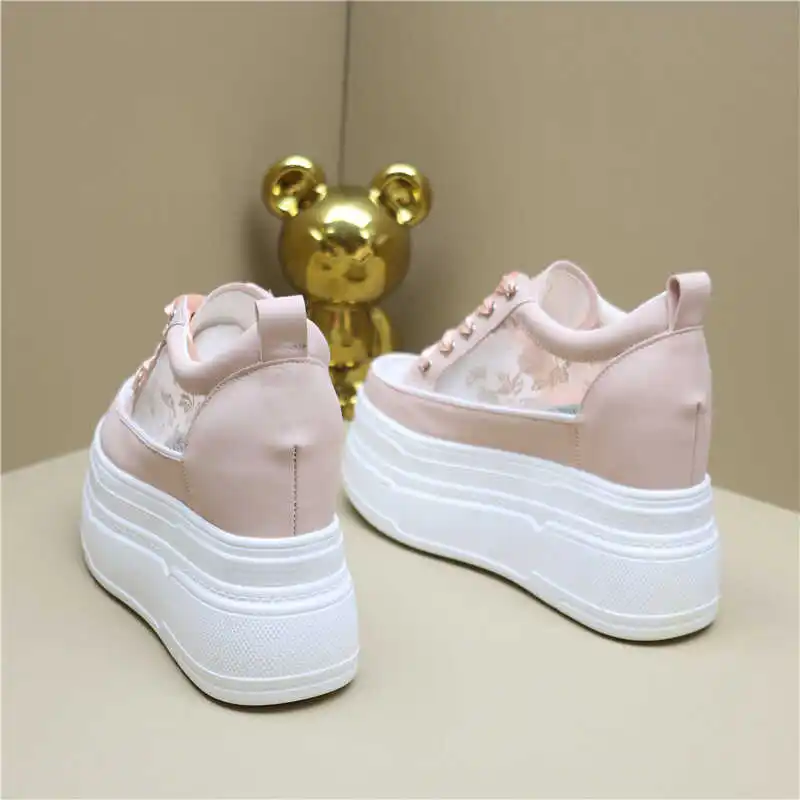 Sommer Damen 12 cm unsichtbare, höhenvergrößernde, dicke, geneigte Absätze, Freizeitschuhe aus Mesh-Gewebe