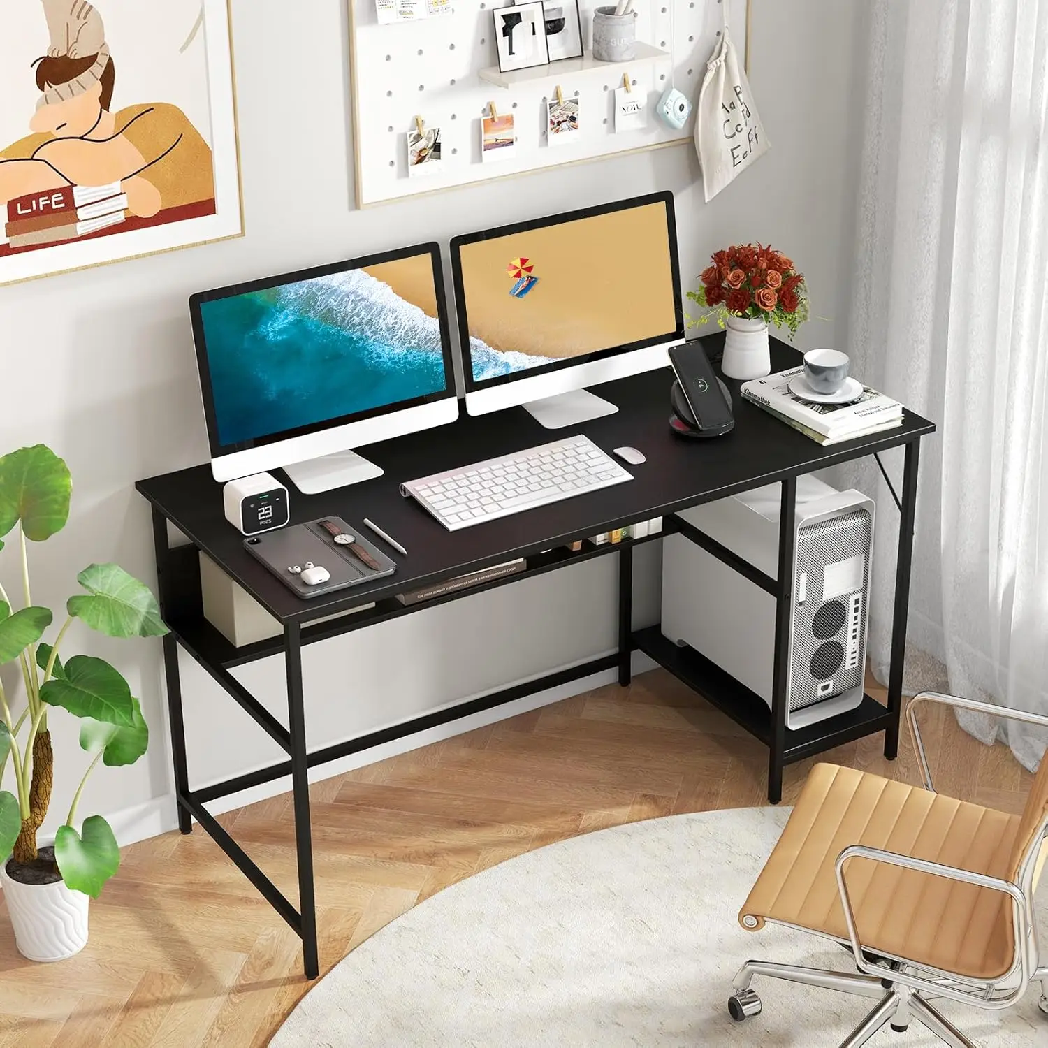 Tangkula 55 Inch Computer Desk With 4 Power Outlets & 2 Usb Ports, Home Office Desk With Built In Charging Station With Switch,