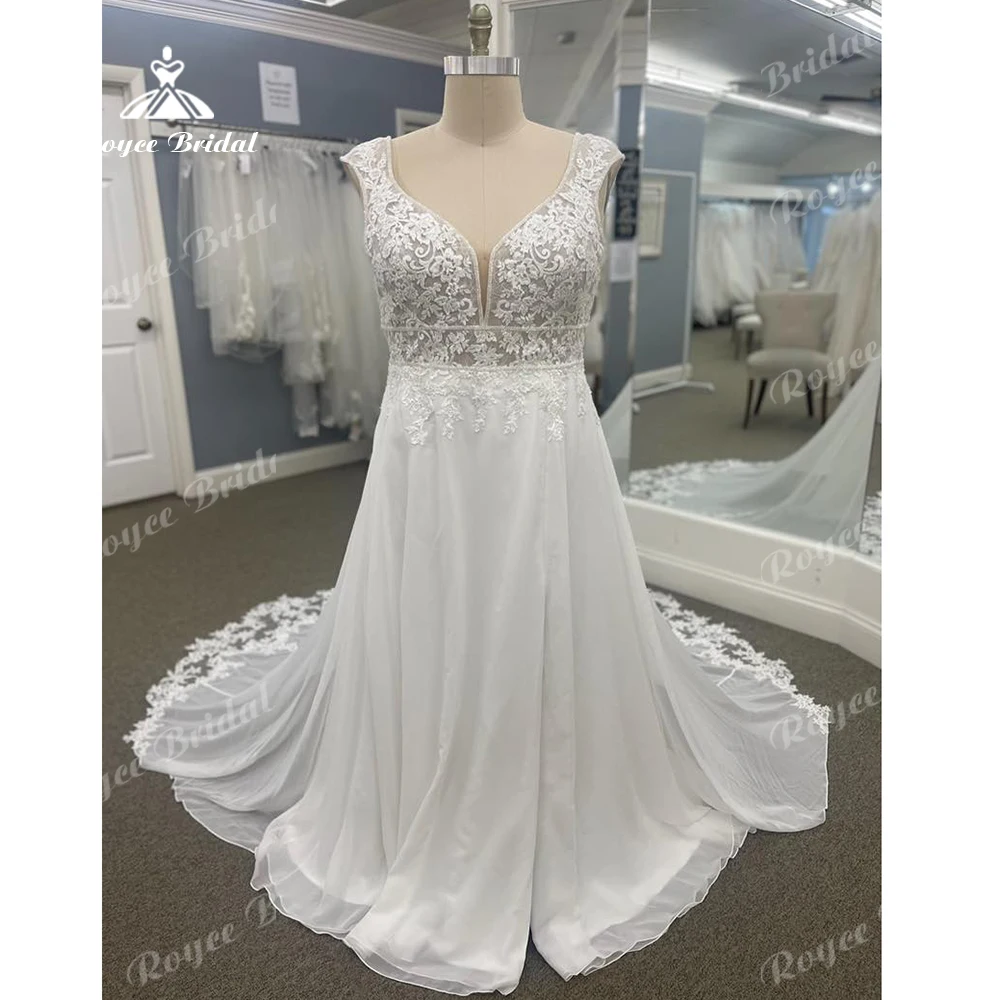 Roycebridal Sexy Bridal Beach abito da sposa in Chiffon Summer musliminging scollo A V una linea abiti da sposa Appliques di pizzo