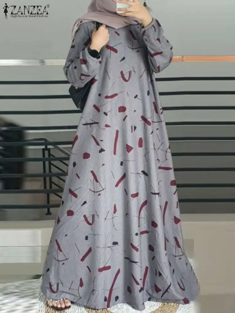 ZANZEA-Vestido Abaya musulmán con estampado Floral para mujer, caftán de manga larga, holgado, informal, bohemio, Vintage