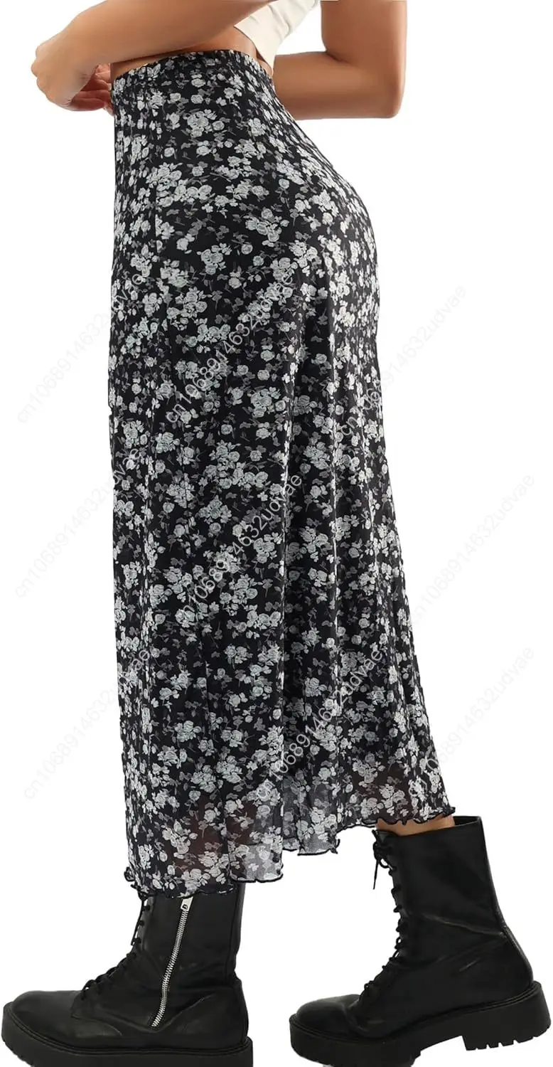 Avanova Women Mesh Floral Boho High Waist Midi Skirt Lettuce Trim Summer A Line Skirt