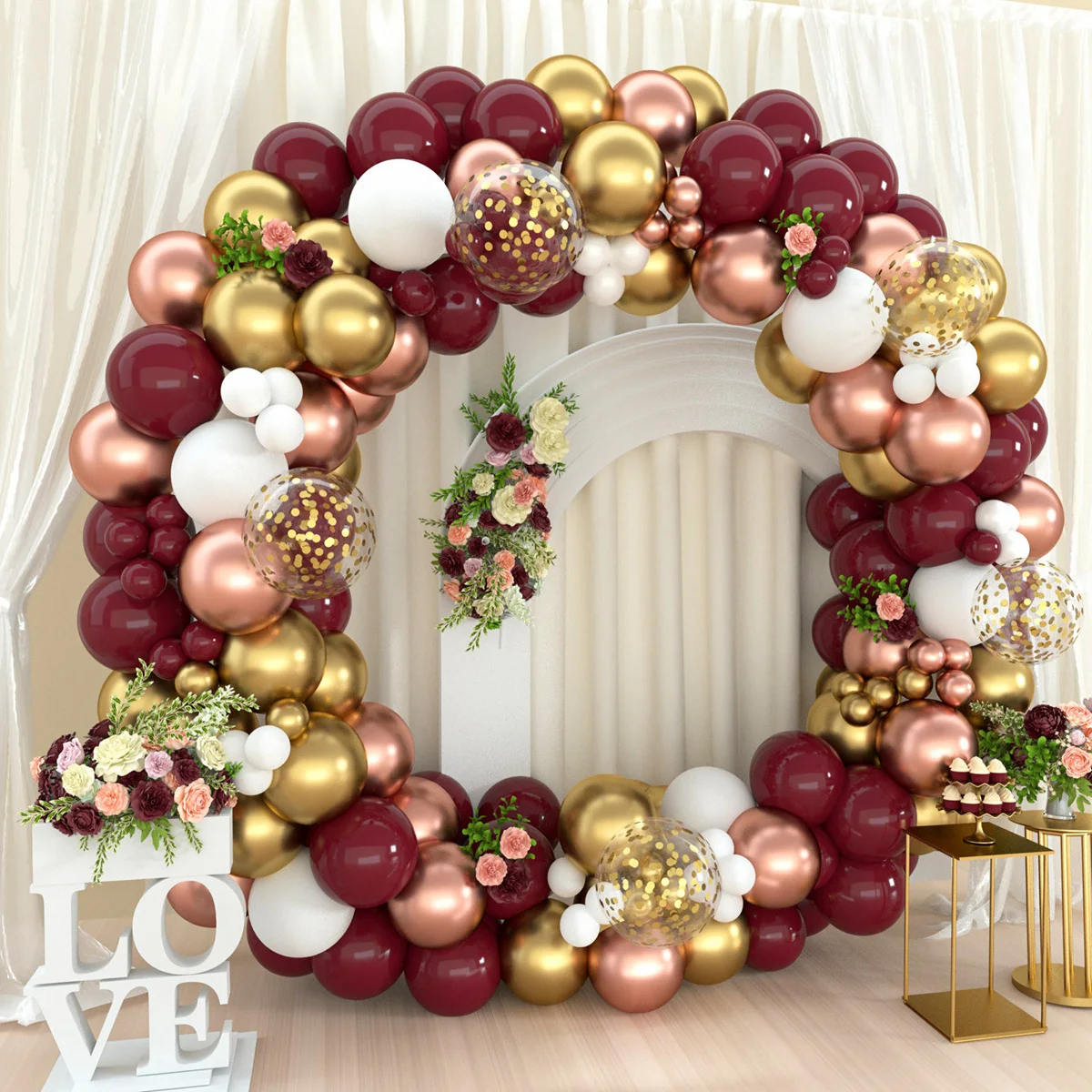 1Set Burgundy Wine Red Balloons Garland Kit Ruby Red Balloon Arch Gold Chrome Balloons Valentines Day Decor Wedding Party Decor