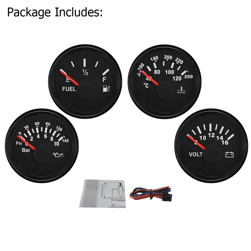 Universal 4 Gauge Set 52mm Water Temp Oil Pressure Fuel Level Meter Voltmeter with Red Backlight for Car Boat Yacht 12V