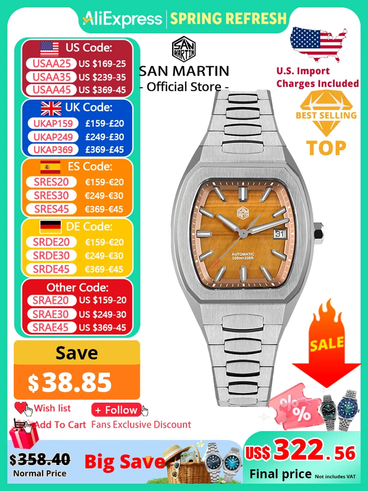 

San Martin 39.5mm Tonneau Luxury Men Watch Mineral Dial Casual Sports PT5000 SW200 Automatic Mechanical Sapphire Luminous SN0145