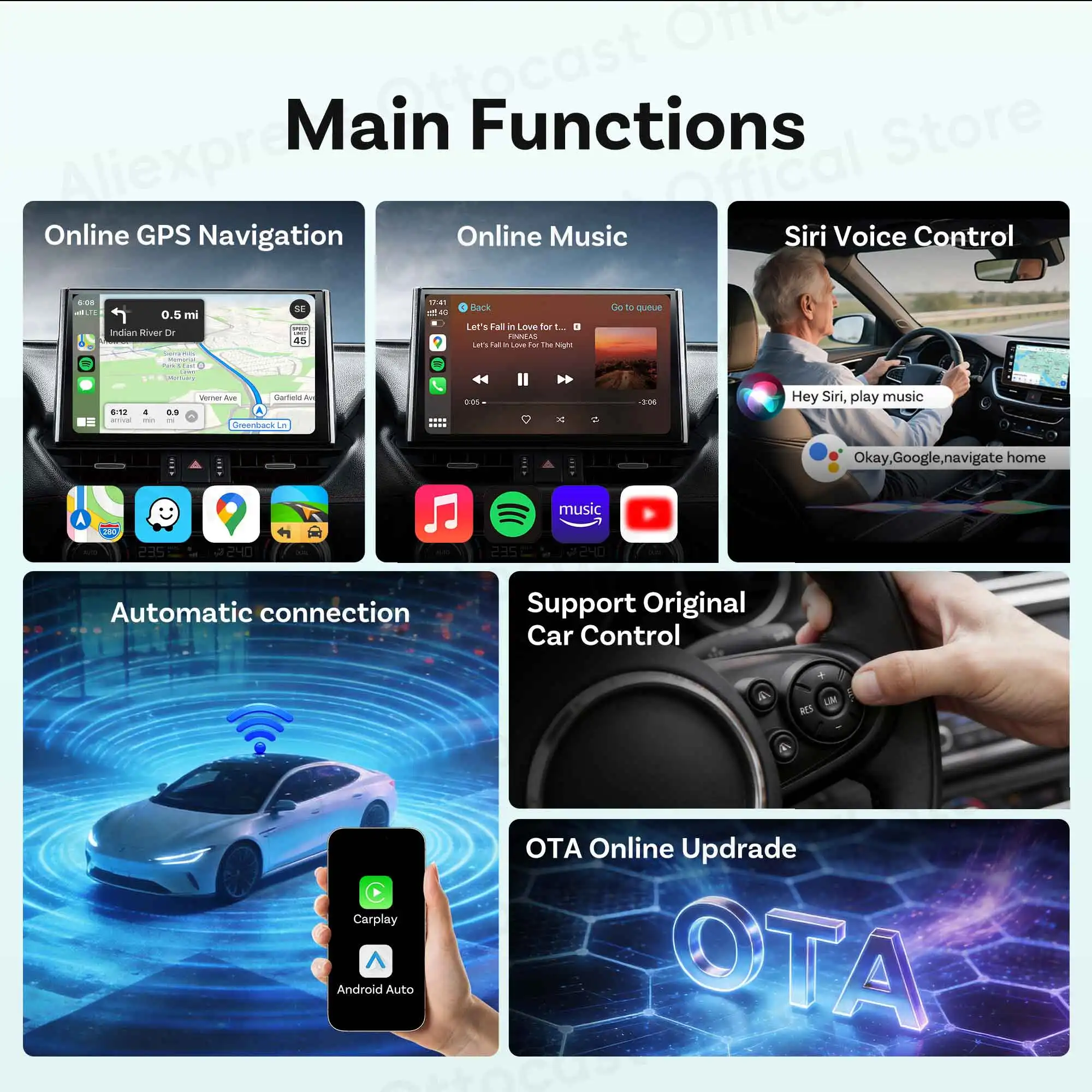 OTTOCAST Mini Nova Kabelgebunden zu Kabellos 2-in-1 CarPlay Android Auto Adapter Dongle Auto-Zubehör für Benz Audi VW Kia Toyota – Detail 3