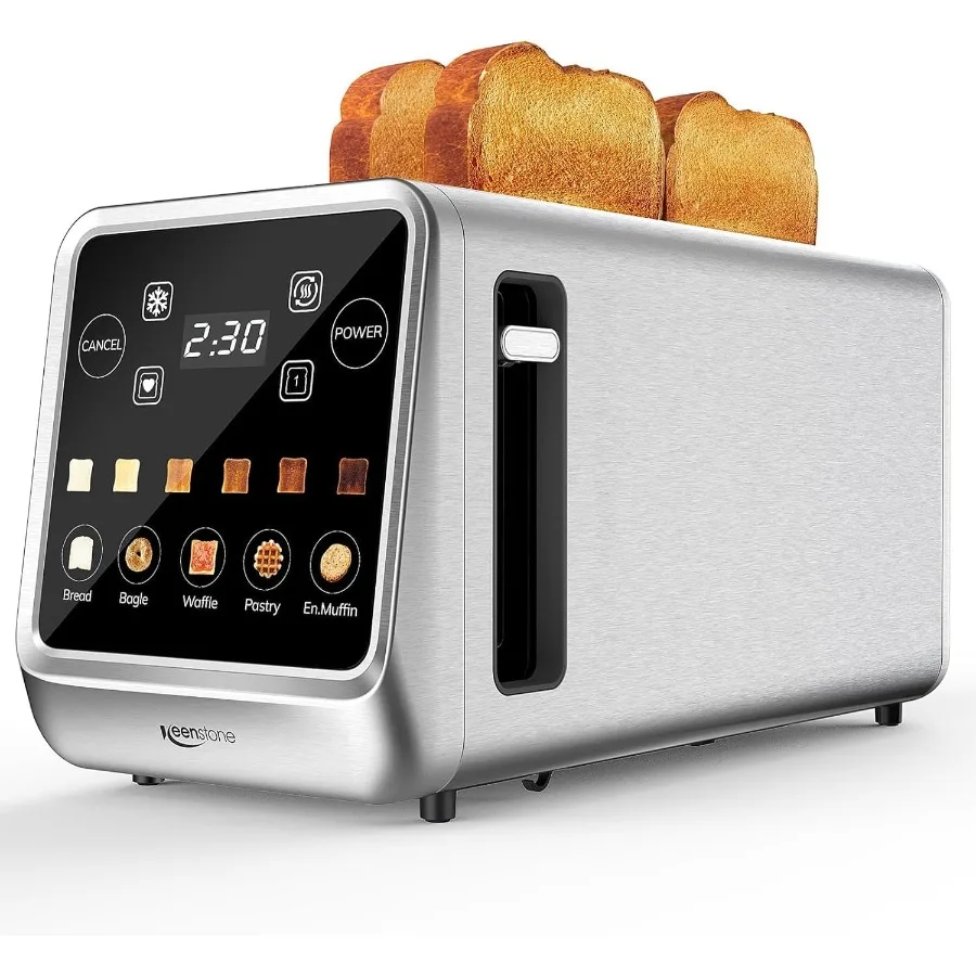 

4-Slice Digital Smart Toaster with TouchScreen Memory Function Single Slot Toasting Timer Reheat Defrost for Bagels Bread Waffl