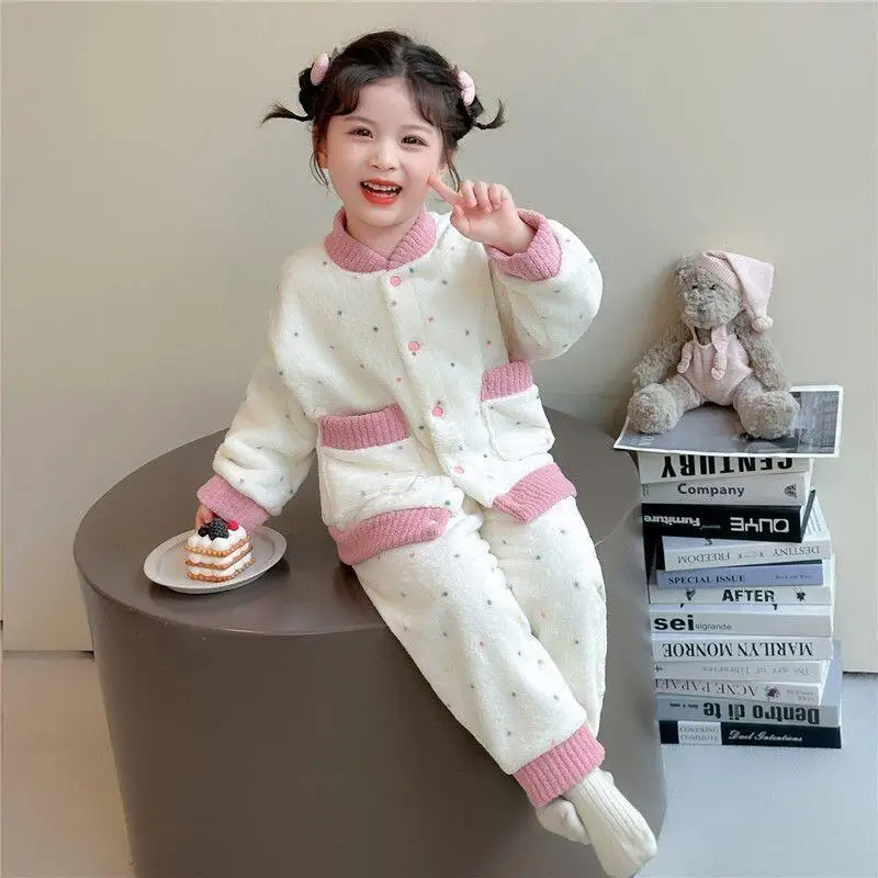 

Зимние фланелевые пижамы для девочек, комплект из 2 предметов, осенний кардиган, утепленные топы, брюки, детская теплая кавайная модная новая повседневная домашняя одежда