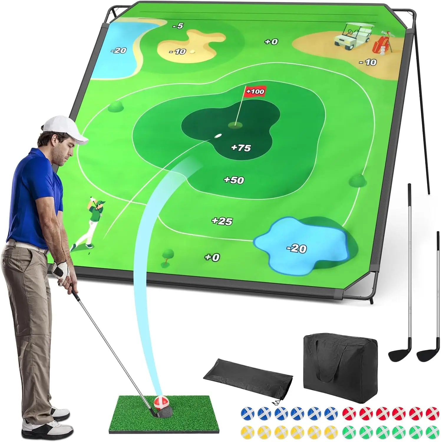 Golf Chipping Game Set for Dads & Junior Golfers, Indoor/Outdoor Backyard Fun with 2 Clubs, 24 Sticky Balls, Putting Mat & Carry Bag