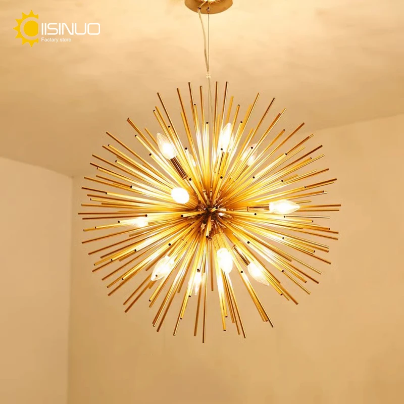 

Post-Modern Golden Dandelion Pendant Light Fireworks Ball Chandelier Industrial Ceiling Fixture for Living Room Dining Room Cafe