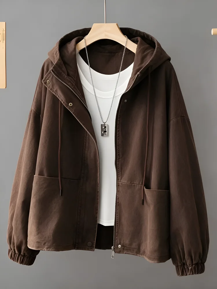 Retro Washed Loose Women's Jacket Design Spring New Arrival Short Coat Cotton Commute Style Zipper Decoration Long Sleeve