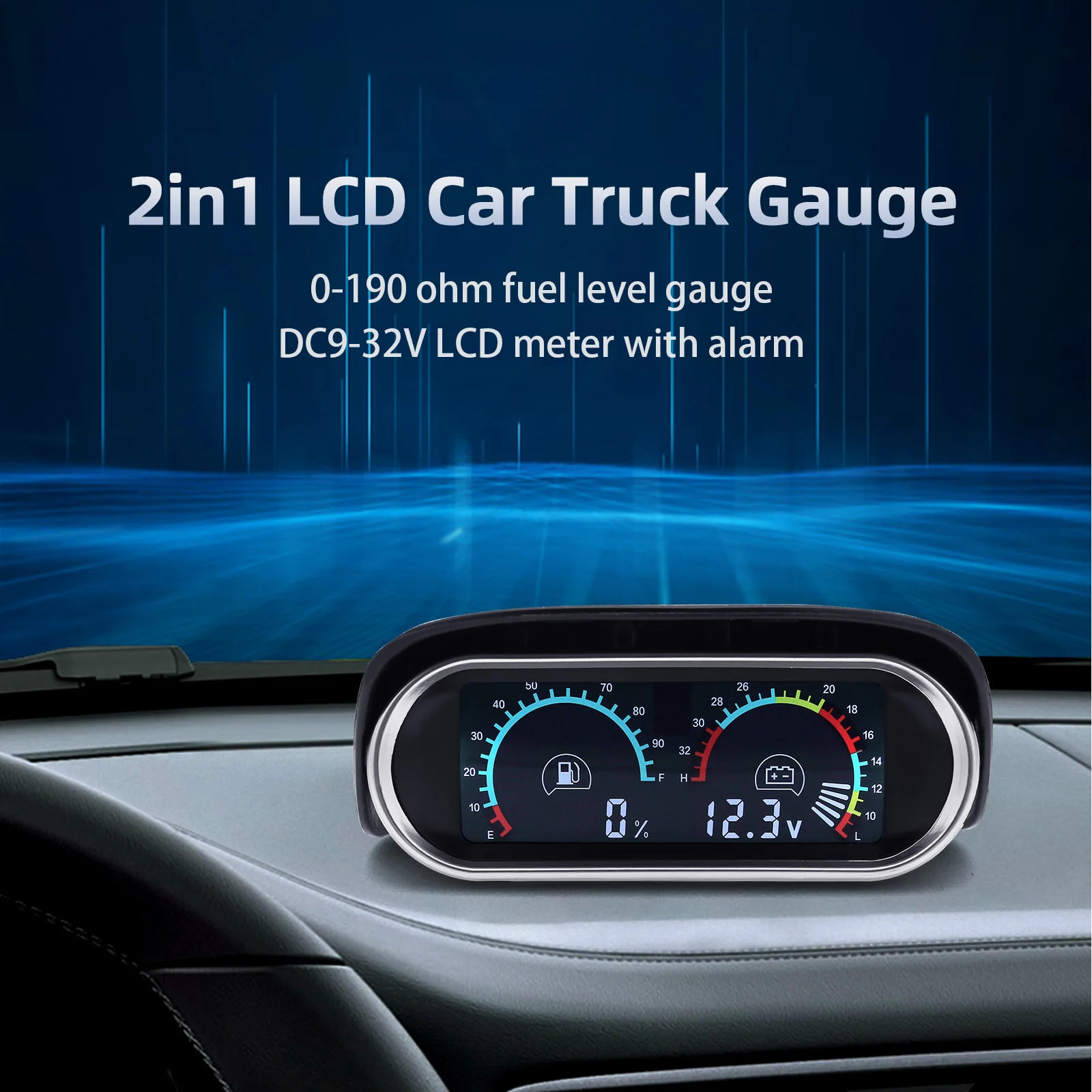 2 in 1 LED Car Truck Gauge Fuel Level Gauge + Voltmeter 0-190 Ohm DC9-32V LCD Meter with Alarm for Diesel Engine 12V24V