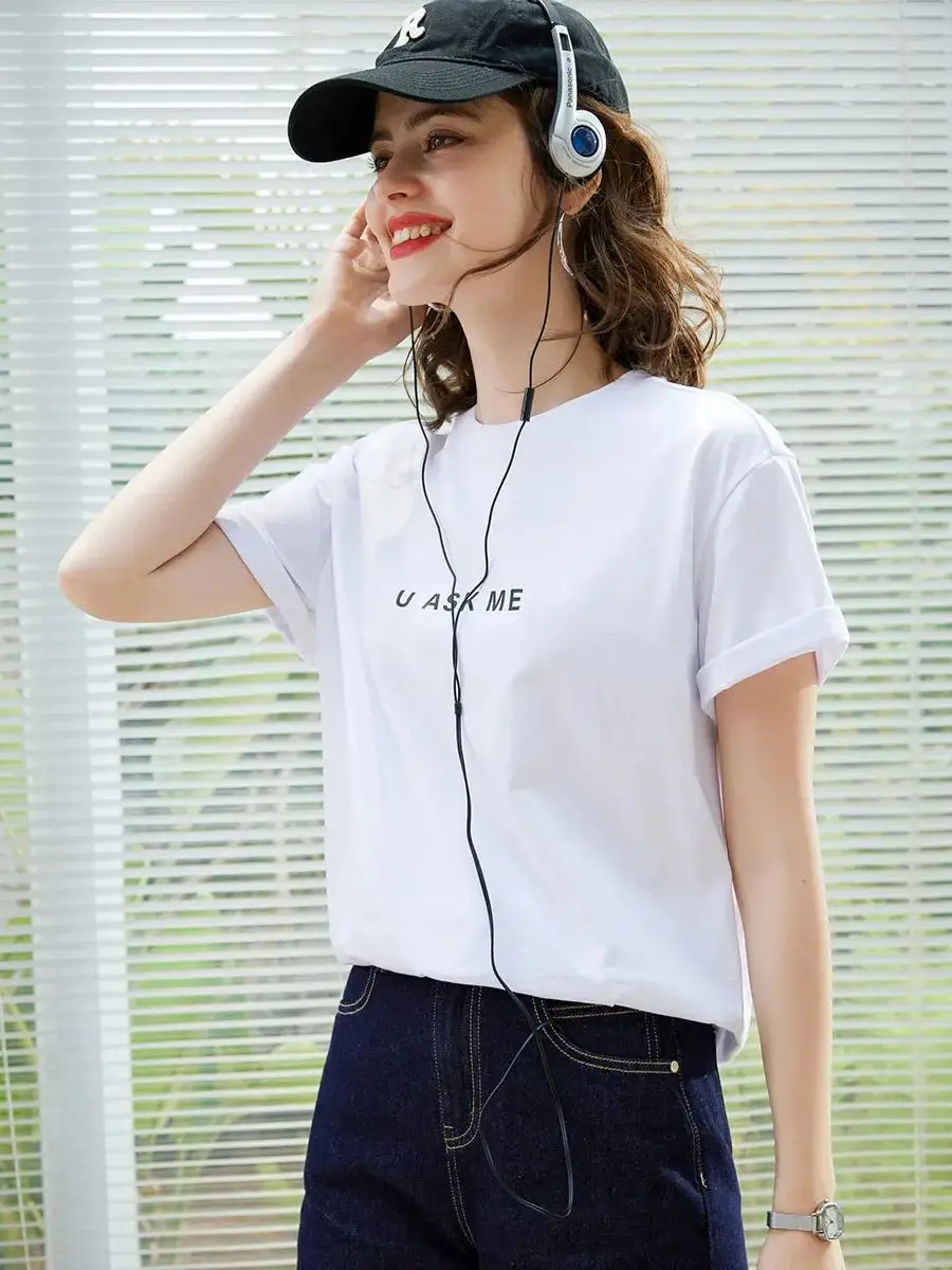 LOUIS YAO Women T-shirt 2024 Summer New Tee O Neck Short Sleeve Casual Print Letter Pullover Loose Basic Cotton Women\'s Top