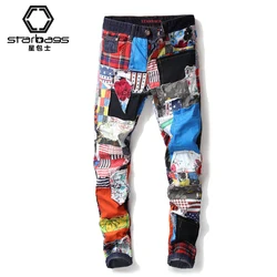 Men's Jeans Alibaba AliExpress Hot selling Italian Design Handmade Spliced Punk Style Men's Pants Printed Graffiti Mid Waist