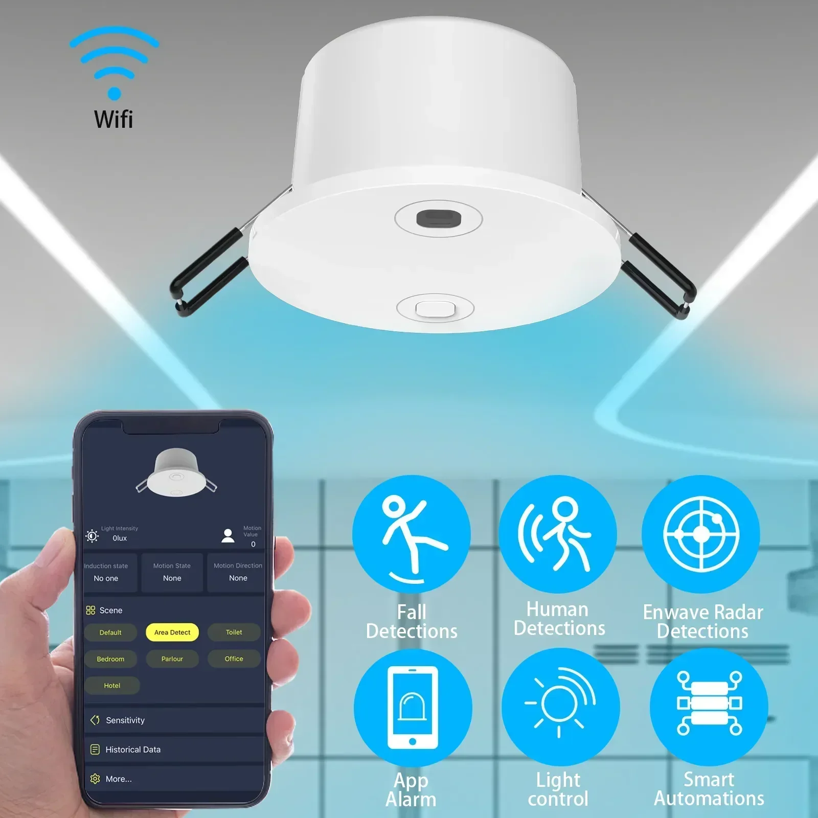 In stock New 60GHz Millimeter-Wave Radar Human Fall Down Detection With Luminance Tuya App Remote Control Elder Presence Motion
