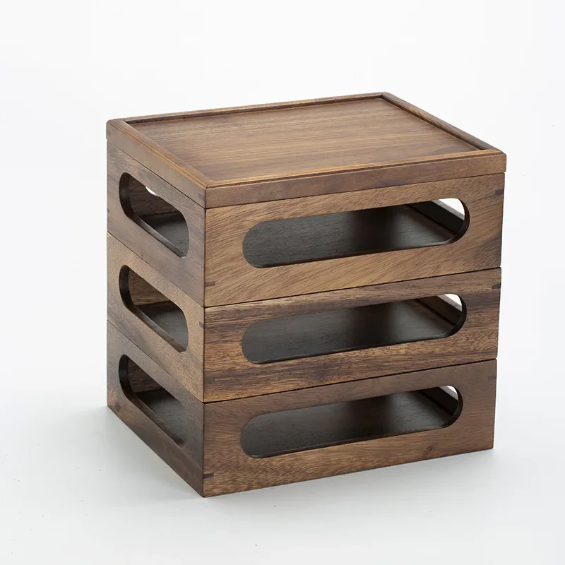 Walnut desktop figure toy storage box Solid wood stacked multi-layer cultural play tea set Water cup storage storage box rack