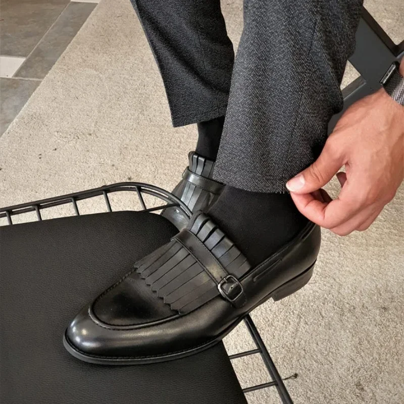 New Black Loafers for Men Green Tassels Square Toe Slip-On Pu Leather Men's Formal Shoes  Size 38-46 Men Shoes