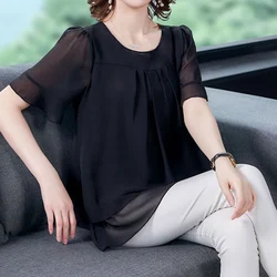 Summer New Chiffon Irregular Shirt Tops Round Neck Short Sleeve Loose Solid Color Blouse Elegant Fashion Women Clothing