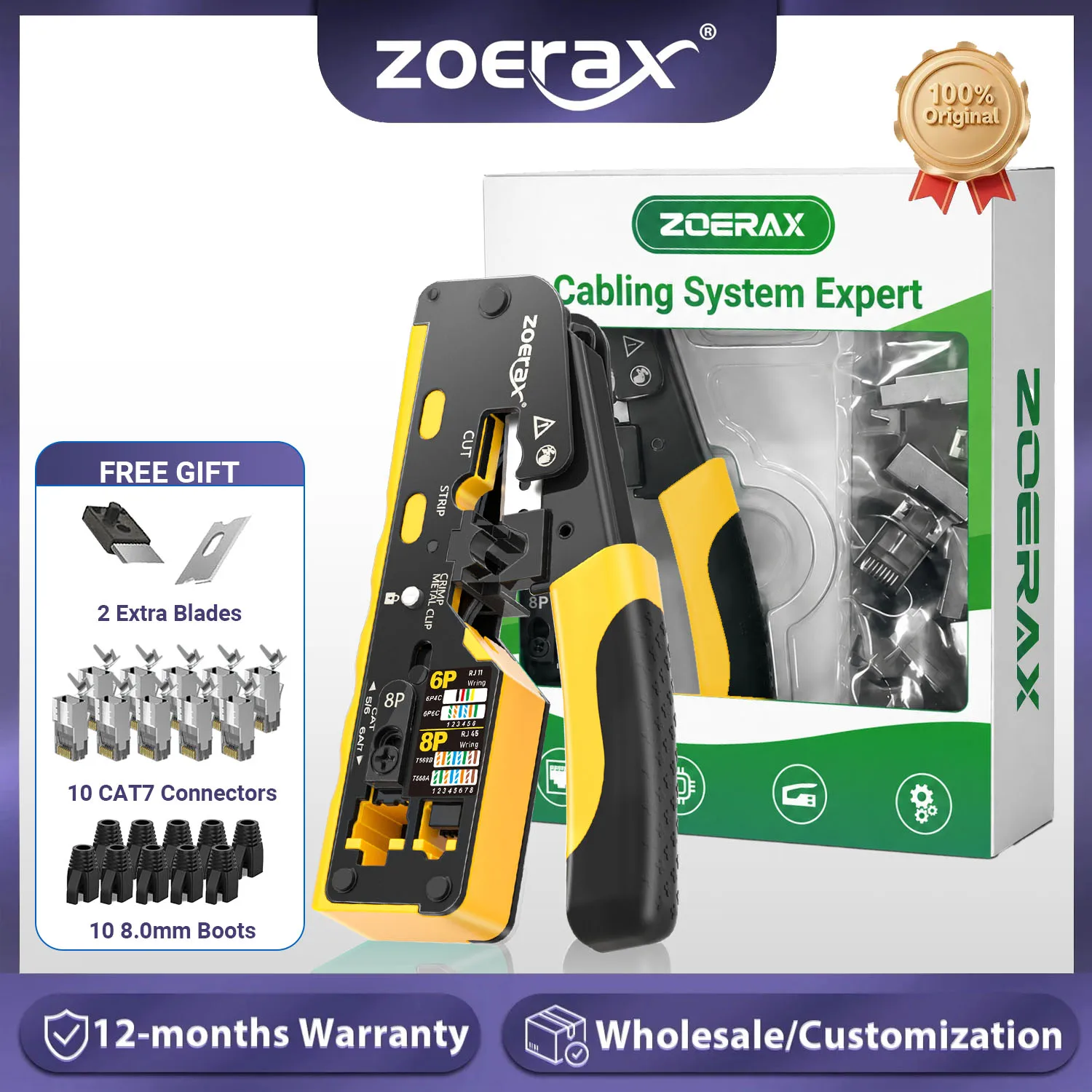 ZoeRax Pass Through RJ45 Crimp Tool with 10PCS Cat7 Connectors and Strain Relief Boots, Ethernet Wire Cutter Crimper