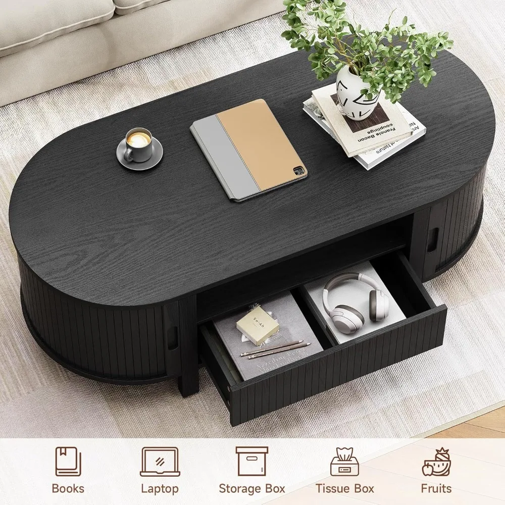 Mesa de centro oval de 47,2 polegadas com armazenamento, mesa de centro moderna de meados do século com gaveta, mesa central com porta deslizante e madeira F