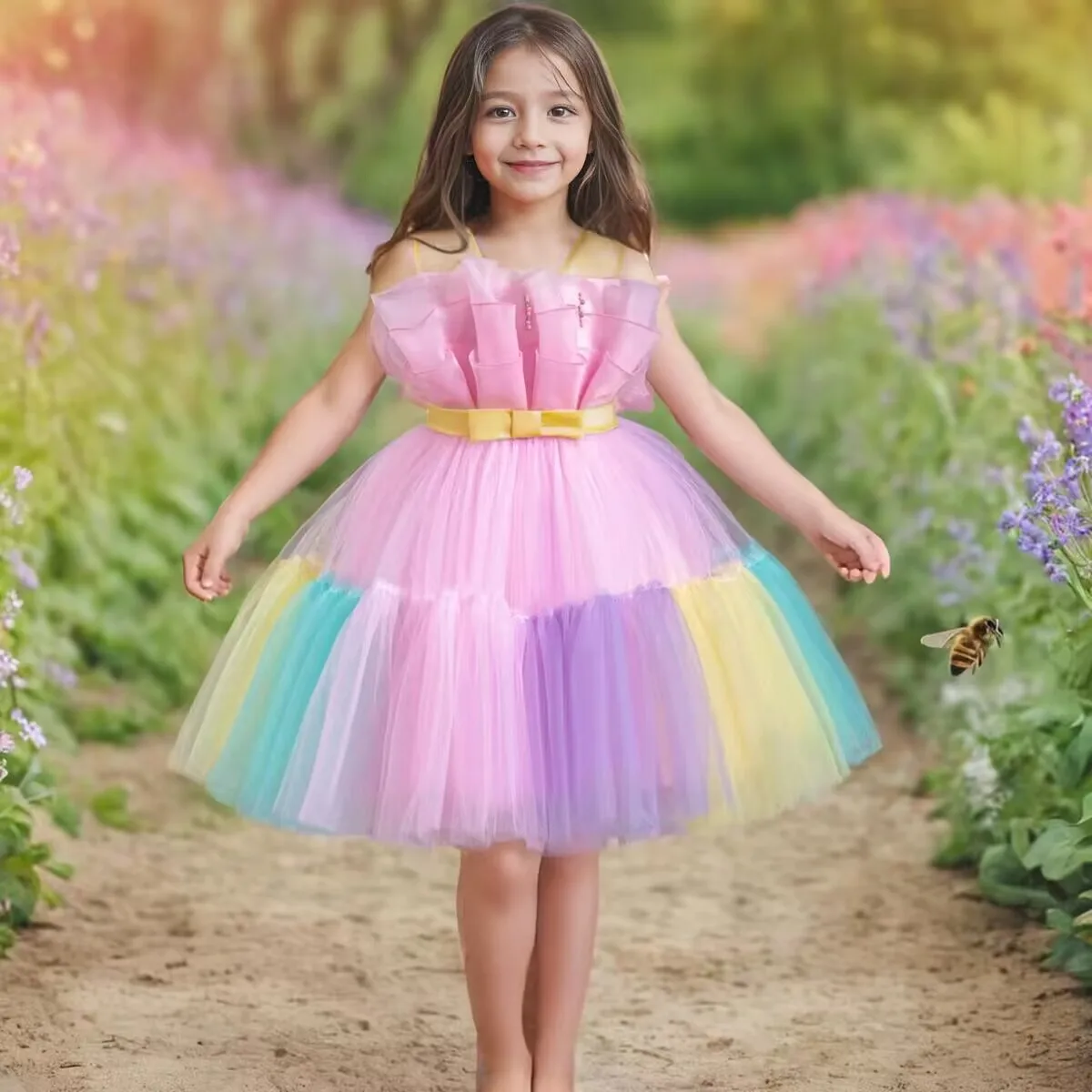 Children\'s Rainbow Princess Dress Mesh Colorful Girls Tutu Halloween Show Dresses