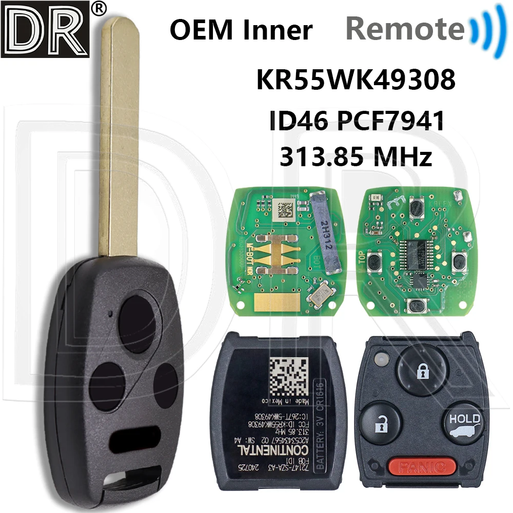

Great OEM Inner KR55WK49308 ID46 PCF7941 313.85 FSK Car Remote Control Key For Honda CRV Accord Sedan Pilot Civic 2008-2015