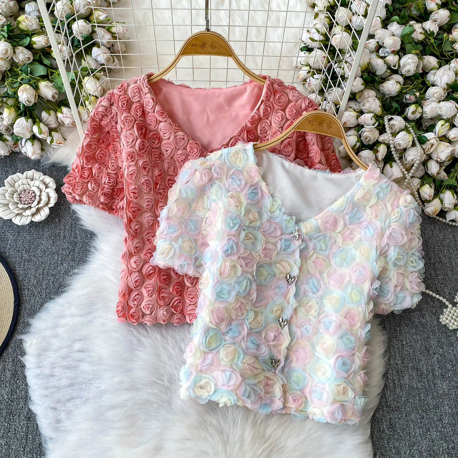 

Female Fairy Sweet 3D Flower Tops Shirts Summer Short Sleeve Blouse Lady Lolita Princess Birthday Festival Holiday Luxury Shirts