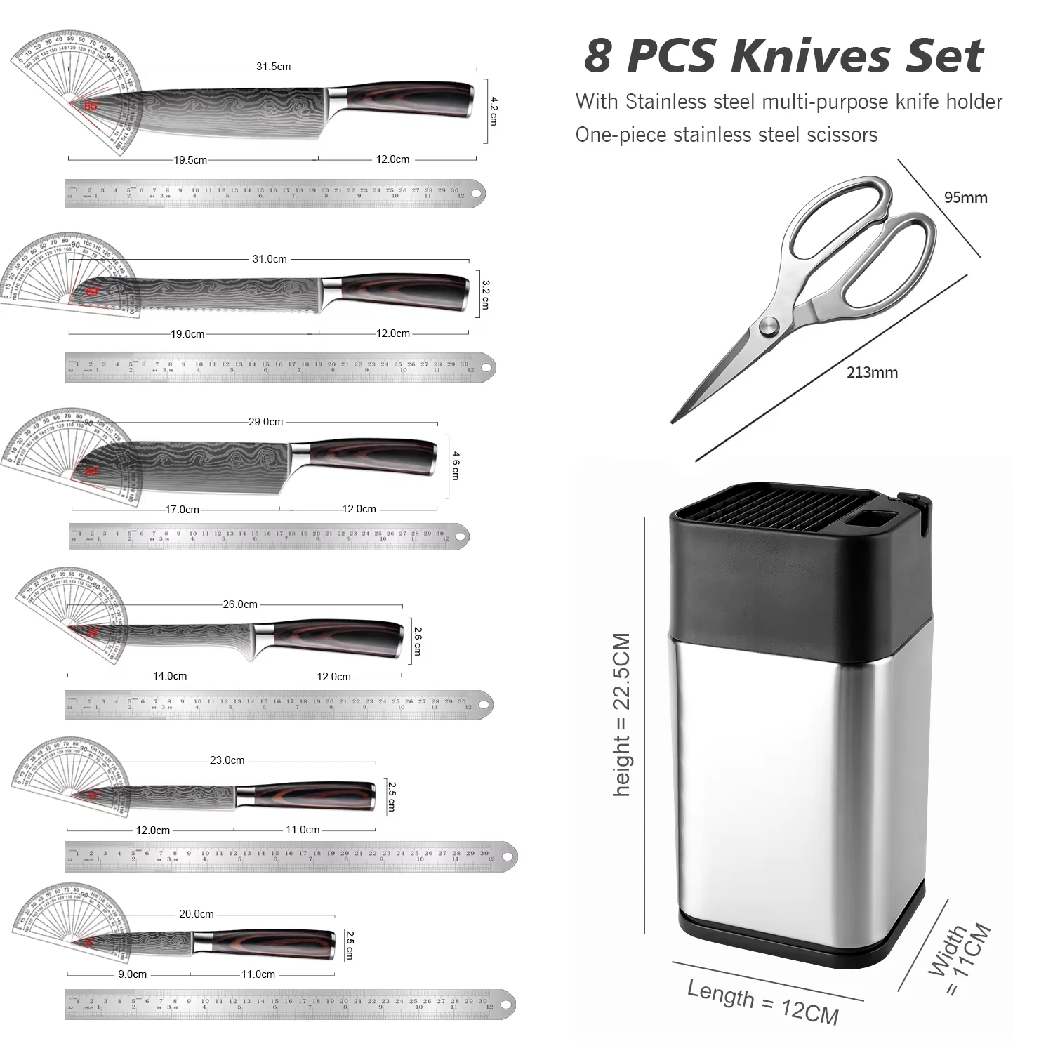 XITUO 8-Piece Kitchen Knife Set with Stainless Steel Knife Block & Scissors – Laser Damascus Pattern Blades Cooking Tool
