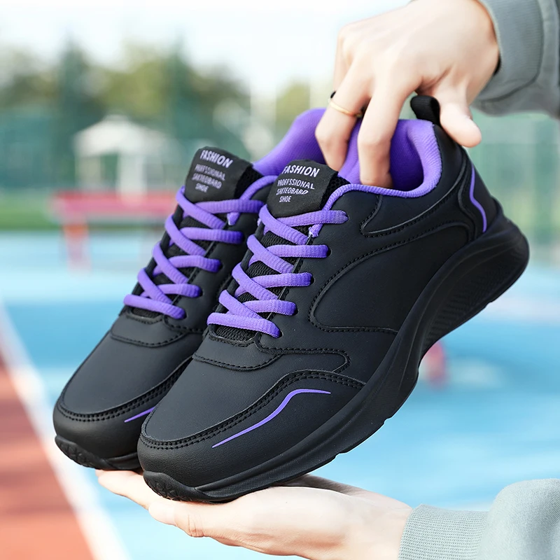 

New Women's Running Shoes PU Leather Sneakers Fashion Lightweight Soft Walking Casual Tennis Flat Shoes for Women Lace Up Shoes