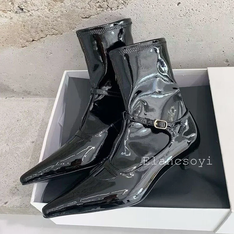 Autumn Winter Lacquer Leather Kitten Heel Chelsea Boots Women's Pointed Toe Retro Mid calf Boots Fashion Stretch Single Booties