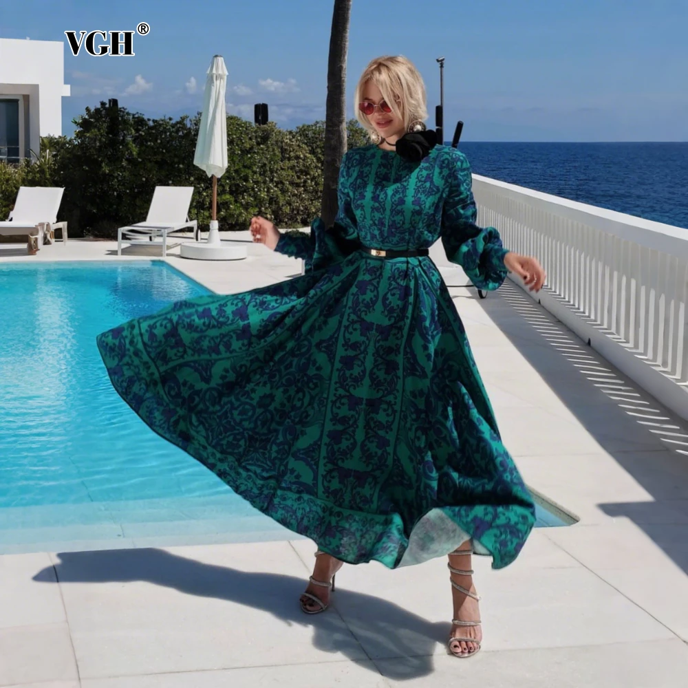 

VGH Vacation Casaul Printing Long Dress for Women O Neck Lantern Sleeve High Waist Temperament Fashionable A Line Dresses Female