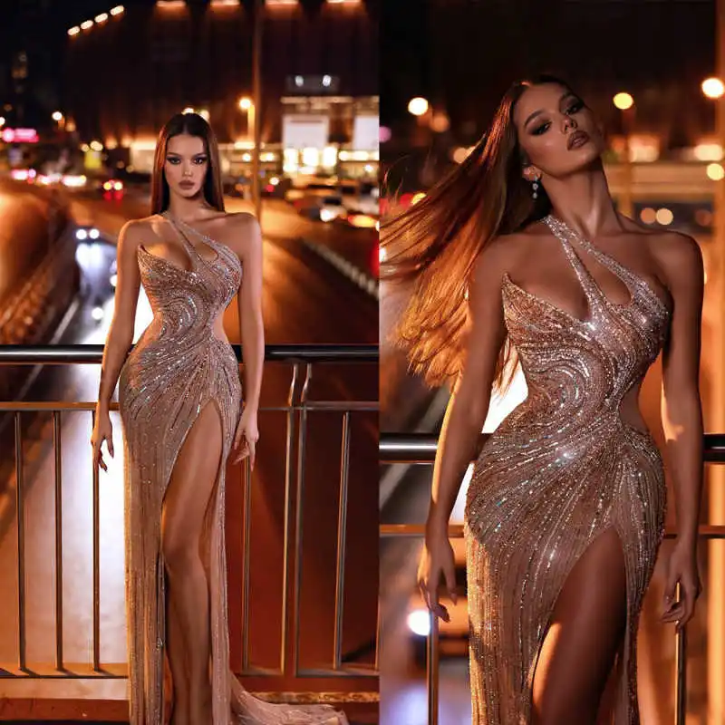 Elegant Mermaid Evening Dress Sleeveless Satin Crystal Appliques One Shoulder Shiny Formal Prom Dress Side Tail Size Customized