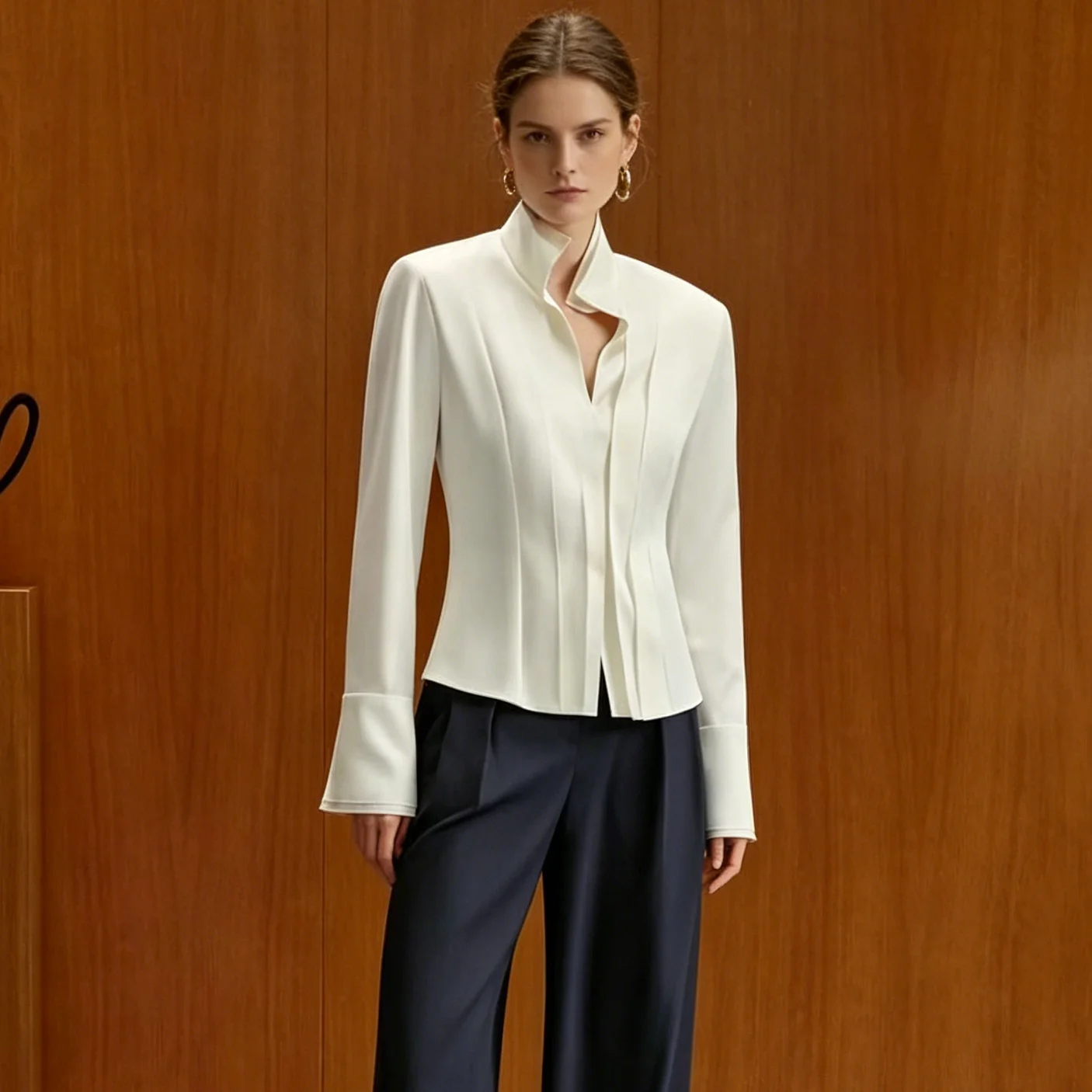

CiCi Stand Collar Pleated Blouse Women Long Sleeve Slim Fit Elegant Spring Summer Office Casual Business Tailored