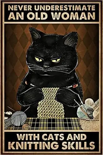 Vintage Tin Sign Metal tin Sign Plaque Never Underestimate Black Cat Knitting Metal Sign Iron Painting Retro Wall Decor Metal Po