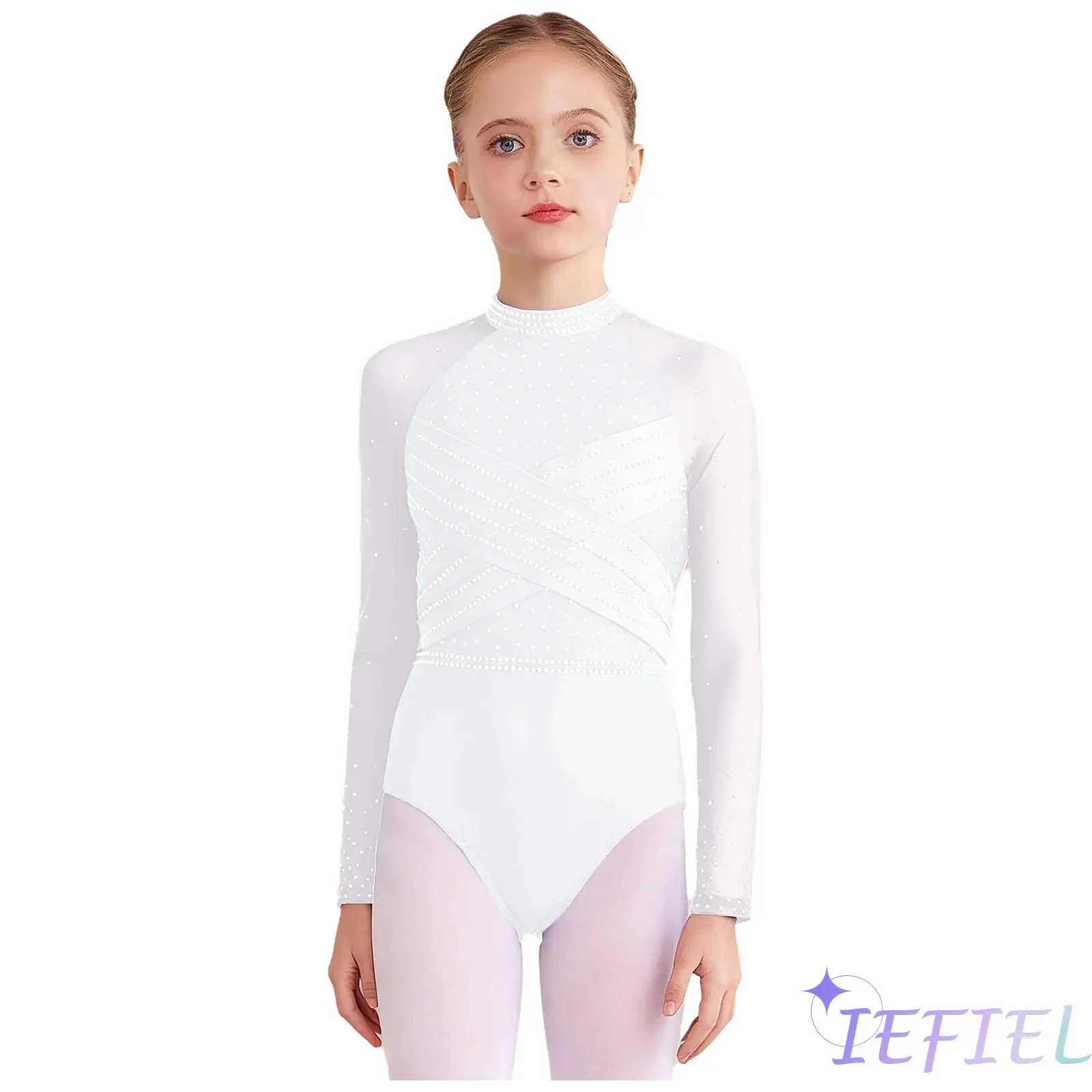 

Girls Sparkling Rhinestones Gymnastics Ballet Leotard Sheer Mesh Long Sleeves Bodysuit Ballet Dancewear for Ice Skating Dance
