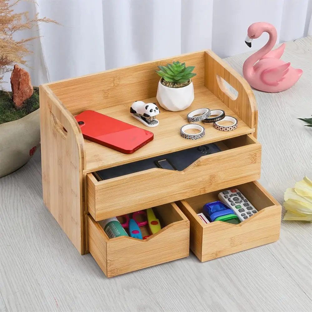 3 Tier Bamboo Desktop Organizer with 3 Drawers, Tabletop Crate Box Cosmetic Storage with Handle, Portable Desk Letter Mail Sorte