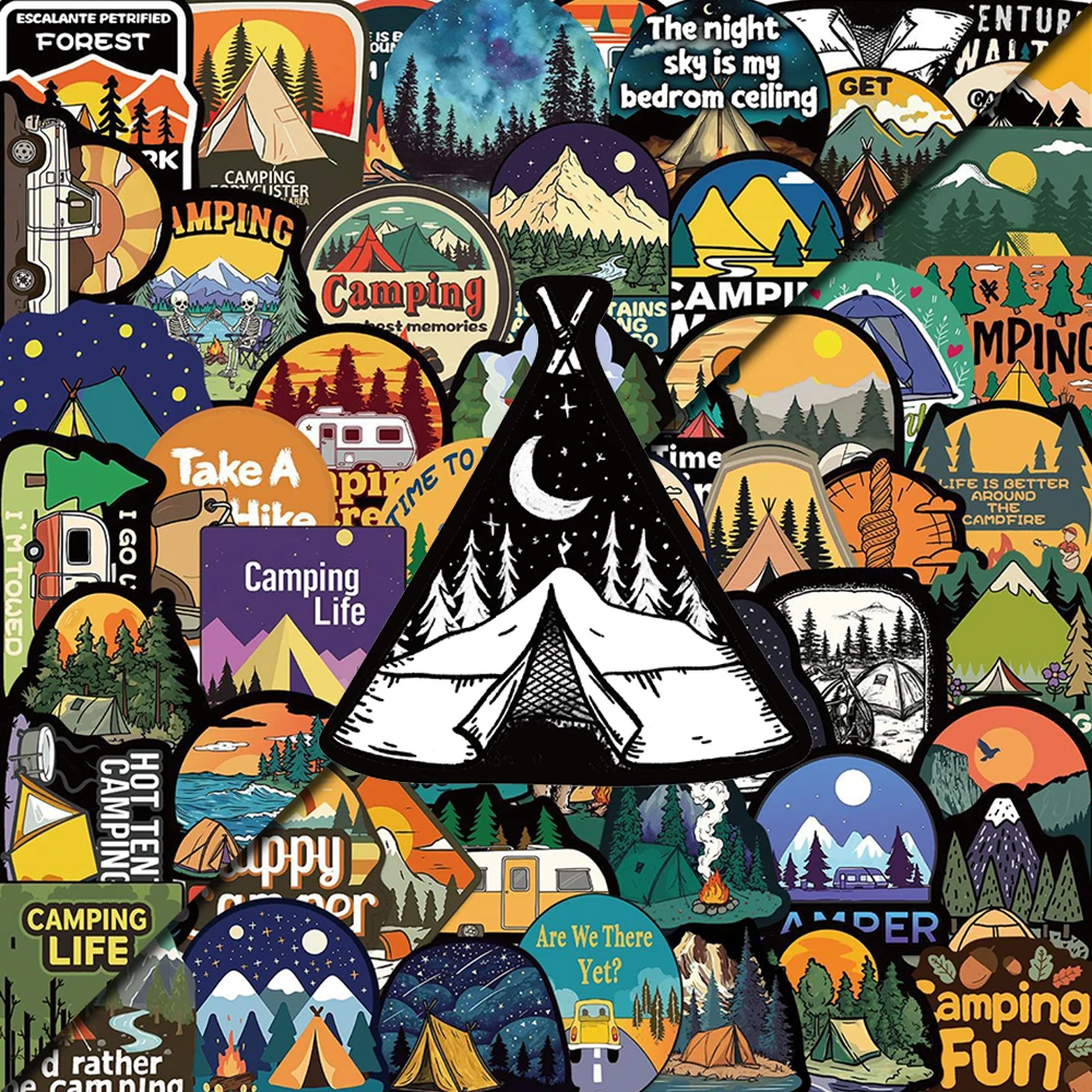 

10/30/50/100pcs Outdoor Adventure Camping Cartoon Stickers Hiking Scenery Decals for Skateboard Guitar Car Cool Graffiti Sticker