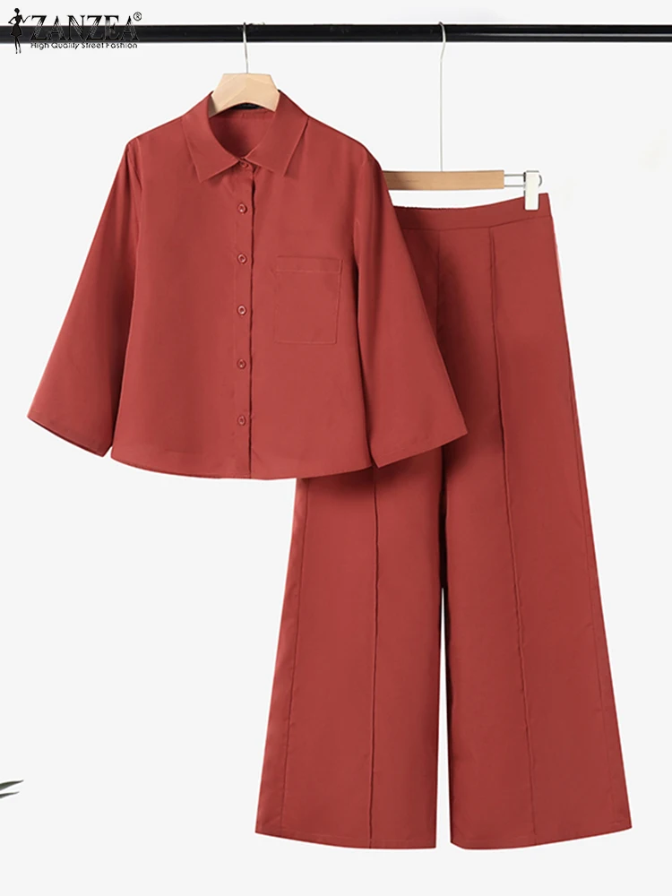 

2PCS Women Autumn Pant Sets Fashion Long Sleeve Blouse Trousers Suit ZANZEA Elegant Women OL Work Tracksuits Solid Matching Sets