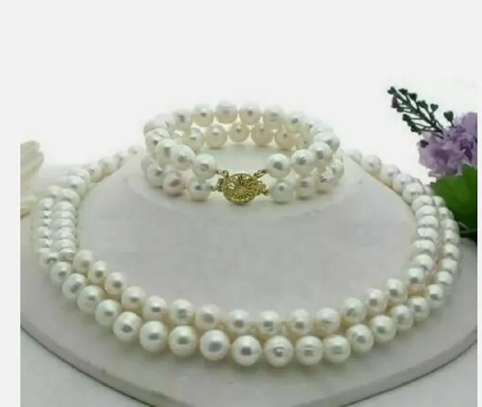 

Double strands AAA 9-10mm South Sea white pearl necklace and bracelet 14k gold